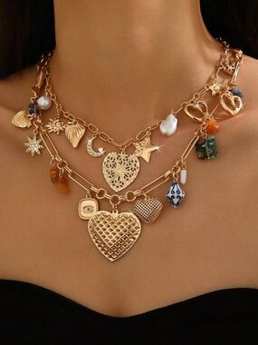 Gold Multicharm Heart Layered Necklace - Women Jewelry